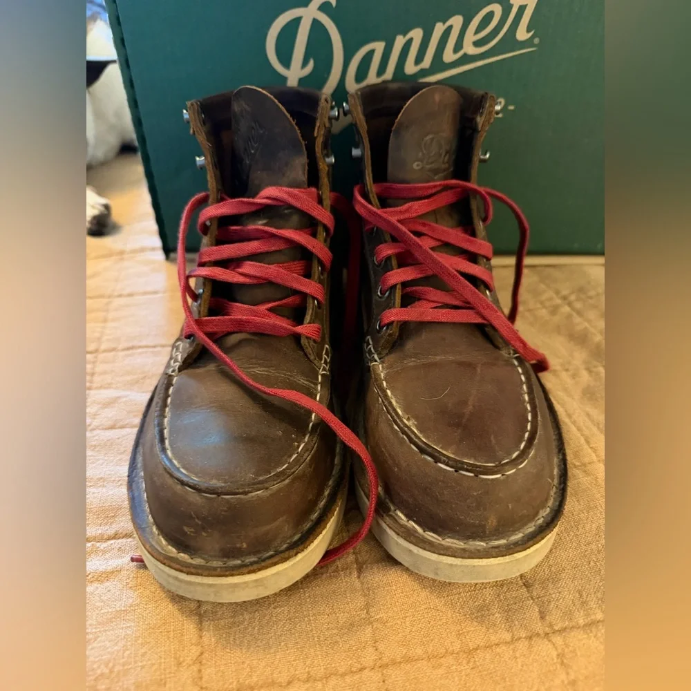 Danner women's Brown Leather Moc Toe Boots with Red Laces - Picture 3 of 4